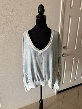 We The Free green V-Neck Sweater with Cream Trim very light material flowing